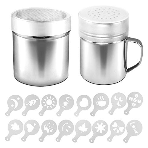 AIFUDA 2 Pcs Stainless Steel Powder Shaker with Lid, 16 pcs Printing Molds Stencils, Powder Cans with Hole or Fine-Mesh for Coffee Cappuccino Latte for Kitchen Baking Cooking