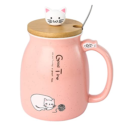 Cute Cat Coffee Mug Bamboo lid and Stainless Steel Spoon