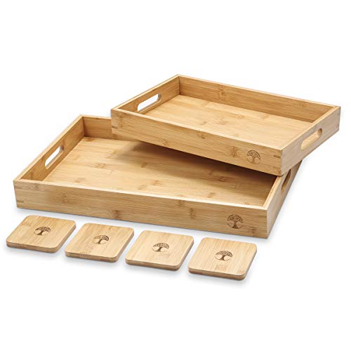 Bamboo Wood Rustic Serving Tray with Handles