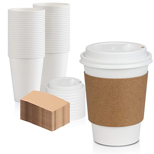 White Coffee Cups with White Dome Lids and Brown Sleeves