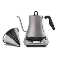 Stainless steel Ovalware Electric Gooseneck Kettle with precise temperature control and reusable filter, ideal for pour-over coffee. 