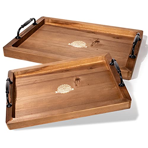 2 Pack Wooden Rustic Serving Tray with Handle