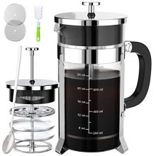 34oz French Press Coffee and Tea Maker with stainless steel frame and 4-layer filtration system, made from German borosilicate glass, BPA free and dishwasher safe.