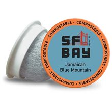Jamaican Blue Mountain Blend coffee pods, offering nutty and caramel flavors, compatible with single-serve machines, and 97% biodegradable.