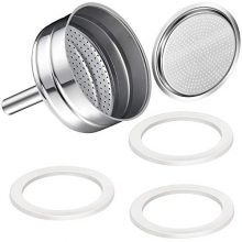 "Moka Espresso Replacement Kit including 3 rubber gaskets, 1 stainless steel funnel, and 1 stainless steel filter for 6-cup espresso machines.