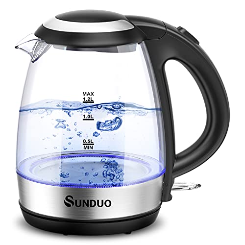 SUNDUO Electric Kettle 1.2L, 1500W Fast Heating LED