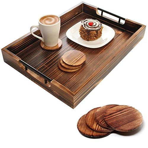 Wood & Black Metal Handle Coffee Serving Tray with 4 Coasters