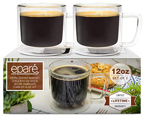 12 oz Retro Coffee Glass Mugs - Set of 2