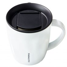 Stylish Stainless Steel Insulated Mug with a pearlescent finish, featuring a secure non-slip handle and a smart sliding lid for spill-proof convenience. 