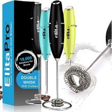ElitaPro Double Whisk Handheld Milk Frother with ergonomic handle, ideal for making creamy lattes and frothy drinks. 