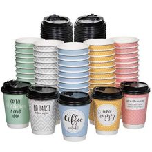 12 oz eco-friendly coffee cups with lids in multiple stylish designs, perfect for hot beverages on the go. 