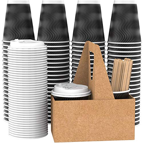 Paper Coffee Cups with Lids + Wooden Stirrers