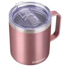 14oz Rose Gold Insulated Coffee Travel Mug with handle, double-wall vacuum insulation, and eco-friendly BPA-free lid. 