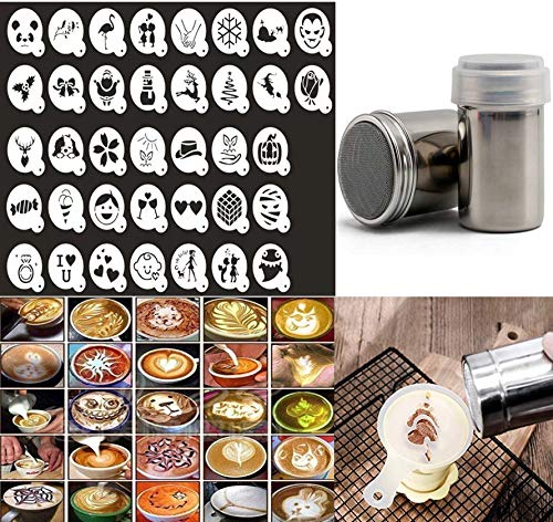 37 Coffee Cake Decorating Stencils + 2 Stainless Steel Powder Shakers