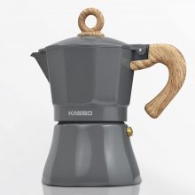 KASSO 6-Cup Stovetop Espresso Maker in grey and burlywood, perfect for home and camping. 