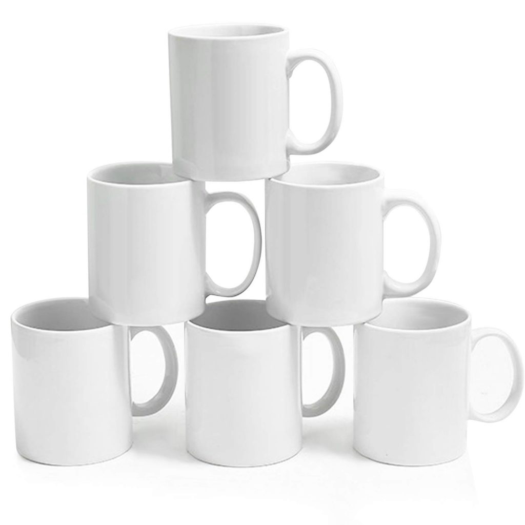 Set of 6 White Classic Ceramic Coffee Mugs