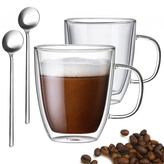 Set of 2 Insulated Double Wall Glass Coffee Mug