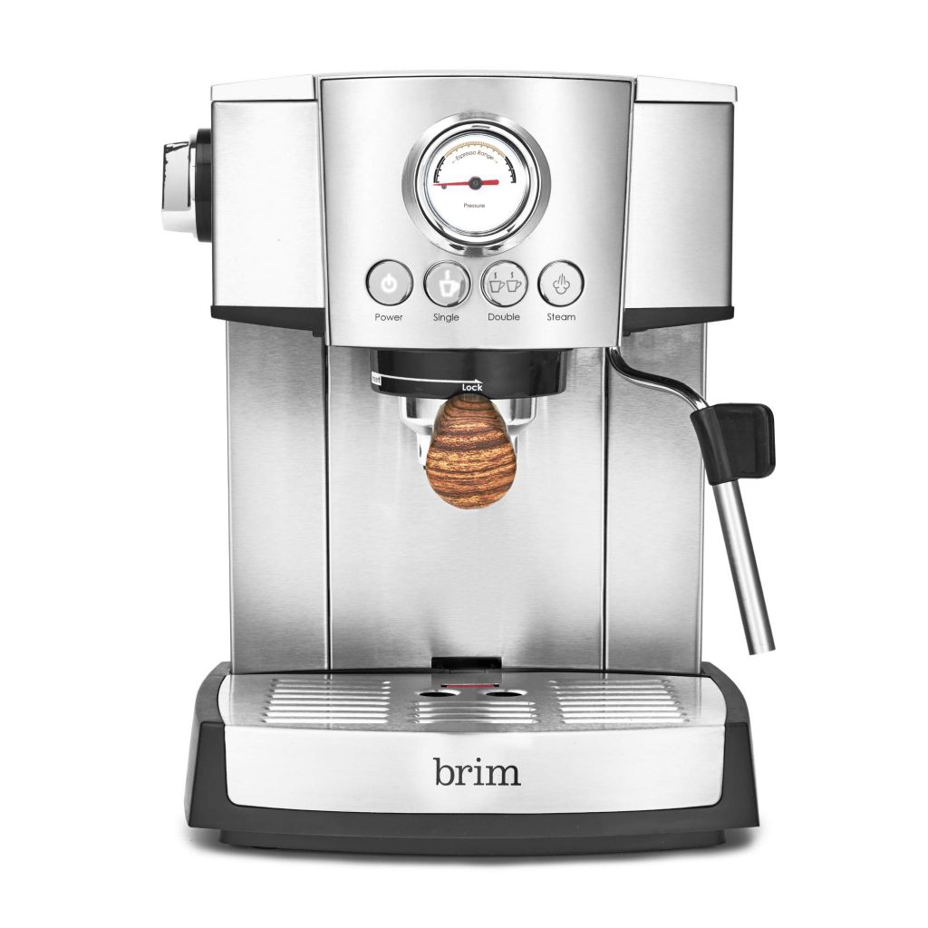 Brim 15-Bar Espresso Machine in stainless steel with wood accents, featuring a steam wand, frothing pitcher, and removable parts for easy cleaning 