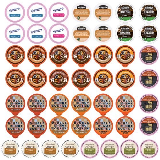 Good Samplers Flavored Coffee Selection Pack, 50-count of assorted coffee pods including Caramel Macchiato, Hazelnut, and Vanilla for Keurig machines. 