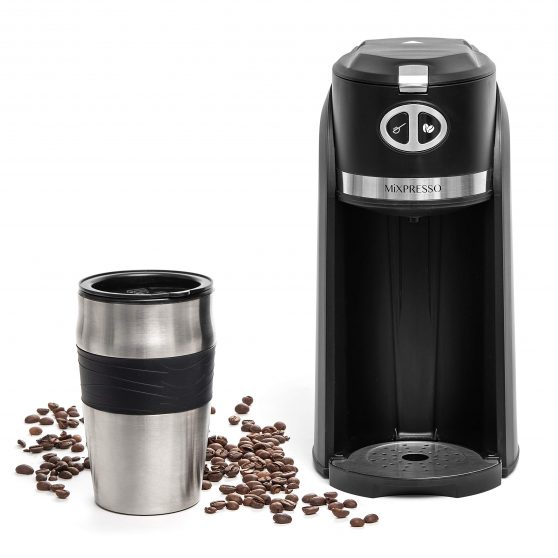 Mixpresso 2-in-1 Grind & Brew Coffee Maker with Built-In Grinder and 14 oz Travel Mug