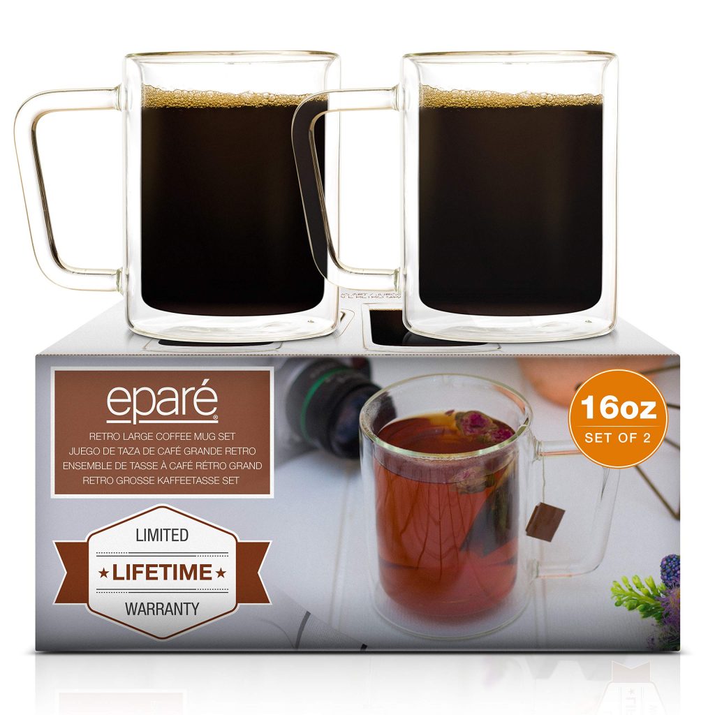 16 oz Glass Coffee Mugs Set of 2 - Clear Double Wall Glasses