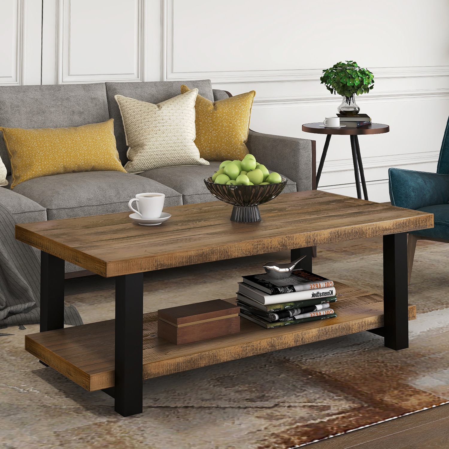 Rustic Natural Coffee Table With Storage Shelf Table