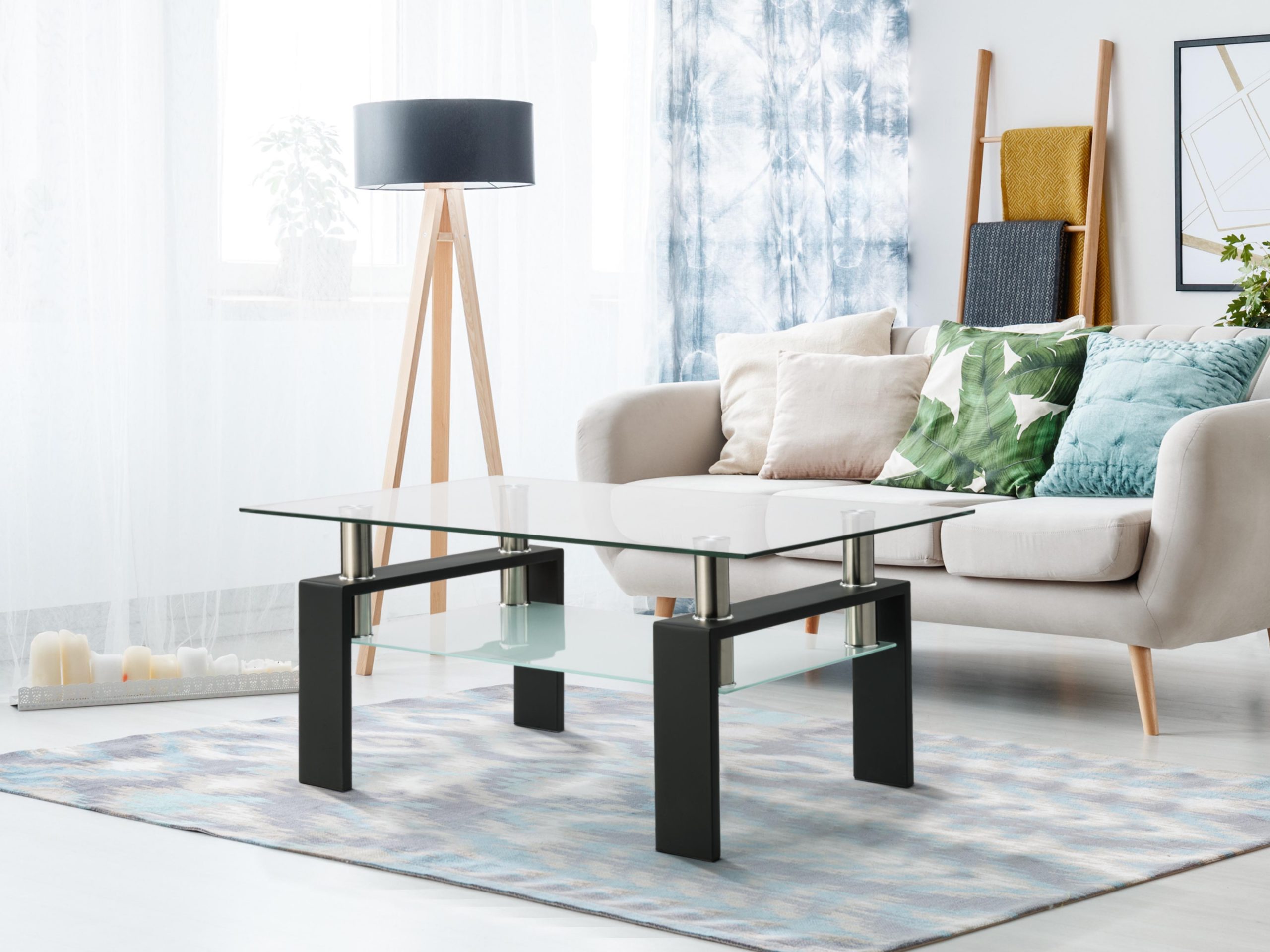 Glass Coffee Table Living Room Double Layer Square Rectangle