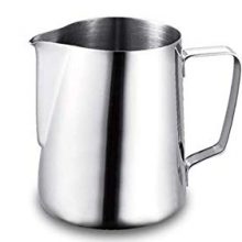 Premium 12 oz stainless steel milk frothing pitcher with heat-resistant handle and dripless spout, ideal for latte art and serving milk. 