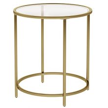 VASAGLE Round Side Table, Glass End Table with Metal Frame