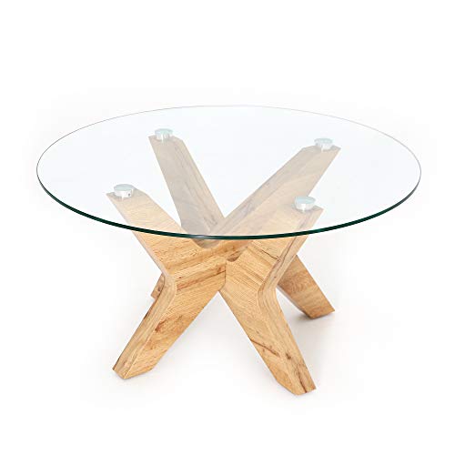 Natural Wood Frame and Tempered Glass Round Glass Coffee Table
