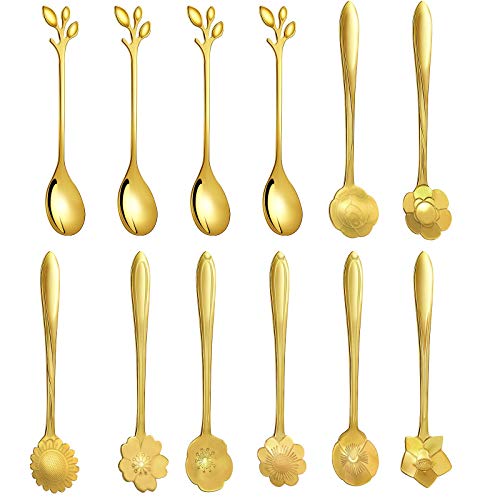 12 Pieces Gold Flower Leaf Coffee Spoon
