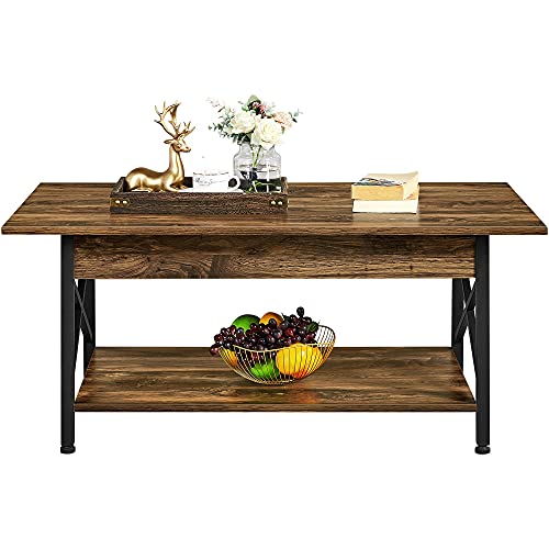 Industrial Coffee Table w/Storage Shelf & Solid Wood & Metal Legs