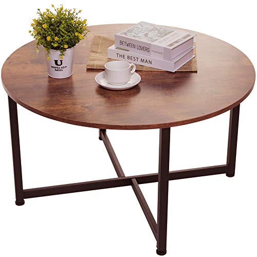 Rustic Brown Round Coffee Table with X Base9 Metal Frame