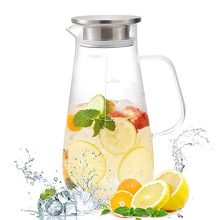 56oz Glass Pitcher with Stainless Steel Lid and Ergonomic Handle, Perfect for Hot & Cold Beverages 