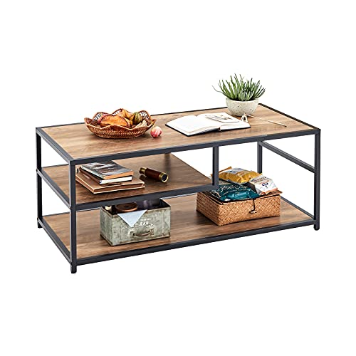 Wood Look and Metal Frame, Coffee Table with Storage Shelf