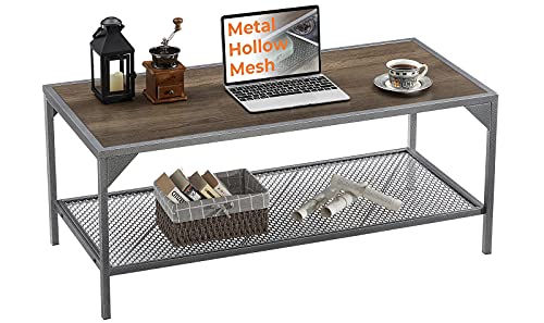 Industrial Coffee Table with Storage Mesh Shelf