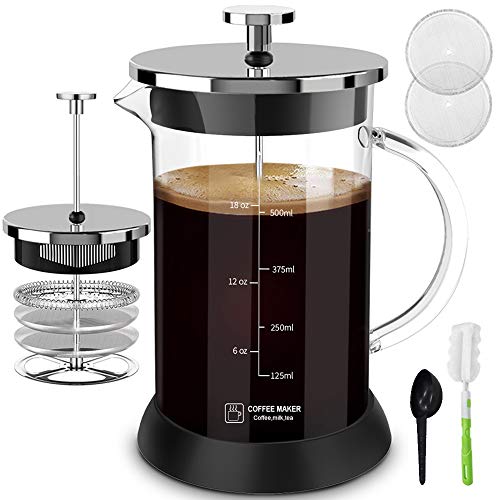 French Press Coffee Maker Glass Durable Heat Resistant Silver
