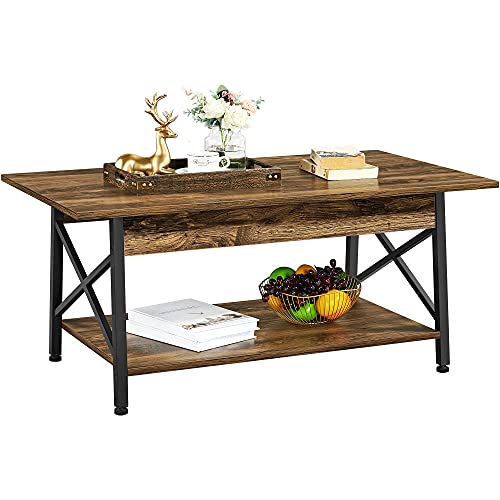 Industrial Coffee Table w/Storage Shelf & X-Shaped Side Metal Frame
