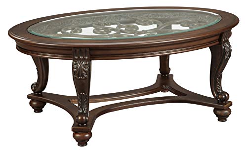 Dark Brown Traditional Glass Top Oval Coffee Table