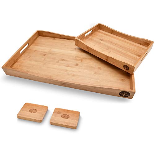 Wooden Coffee Serving Tray Set Bamboo with 2 Coasters
