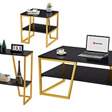 Coffee Table Set Industrial Black Wooden Top and Modern Gold T