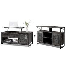 Industrial Lift Top Coffee Table and TV Stand Set with Large Storage and Mesh Visual Doors