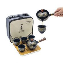 Portable and elegant Porcelain Chinese Gongfu Tea Set with rotatable teapot, floral design, travel bag, and bamboo tray. 