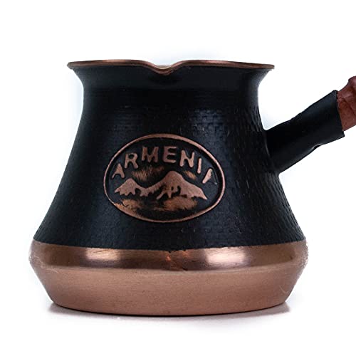 Handmade Armenian Copper Coffee Pot with Wooden Handle - 7oz, Turkish/Greek Coffee Maker with Engraved ARARAT Biblical Mount