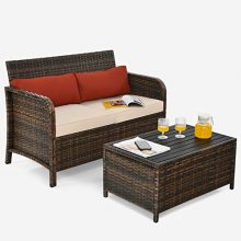 Tangkula 2-Piece Outdoor Rattan Loveseat Coffee Table