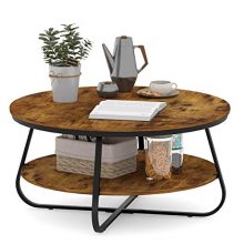 Elephance 35.8-Inch Round Coffee Table with rustic wood top, X-shaped metal base, and storage shelf. Ideal for living rooms, dining areas, or as a cocktail table. 