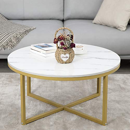 Modern Round Faux Marble Accent Side Coffee Table with Golden Metal