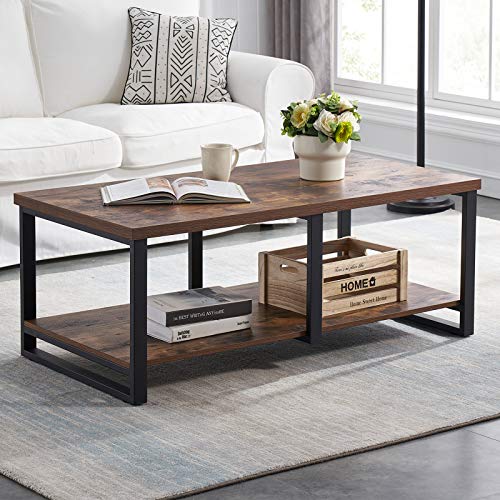 Rustic Brown Industrial Coffee Table with Open Storage Shelf