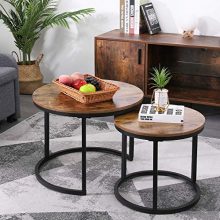 Industrial Nesting Coffee Table Set with rustic brown wood tops and sturdy metal legs, featuring a space-saving design and easy assembly for modern living spaces. 