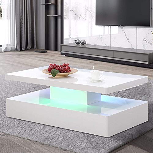Mecor Modern Glossy White Coffee Table W/LED Lighting